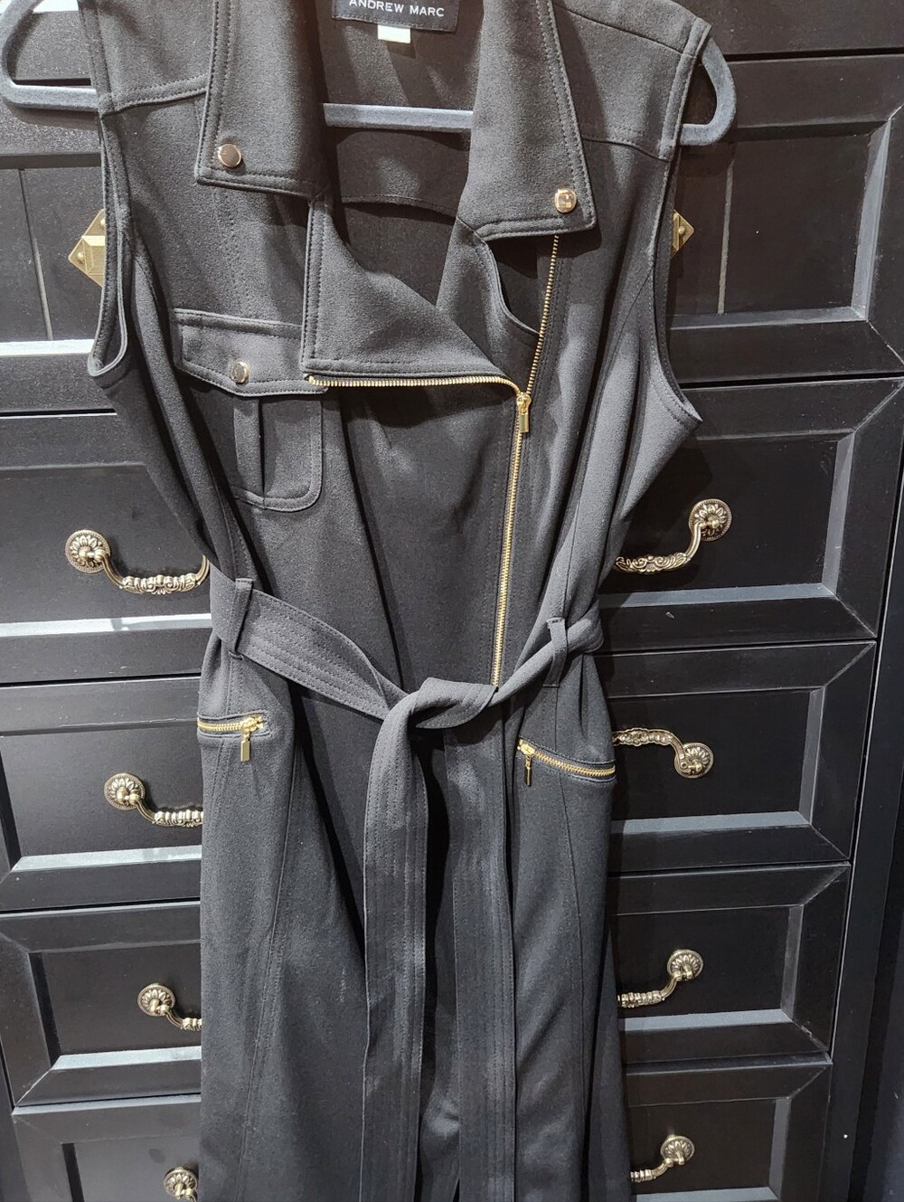 Andrew Marc Black Sleeveless Belted Dress with Gold Hardware